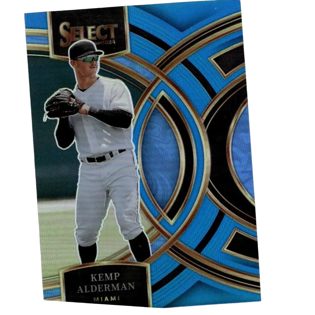 Blue and black geometric patterned 2024 panini select kemp alderman blue prizms baseball trading card number 75