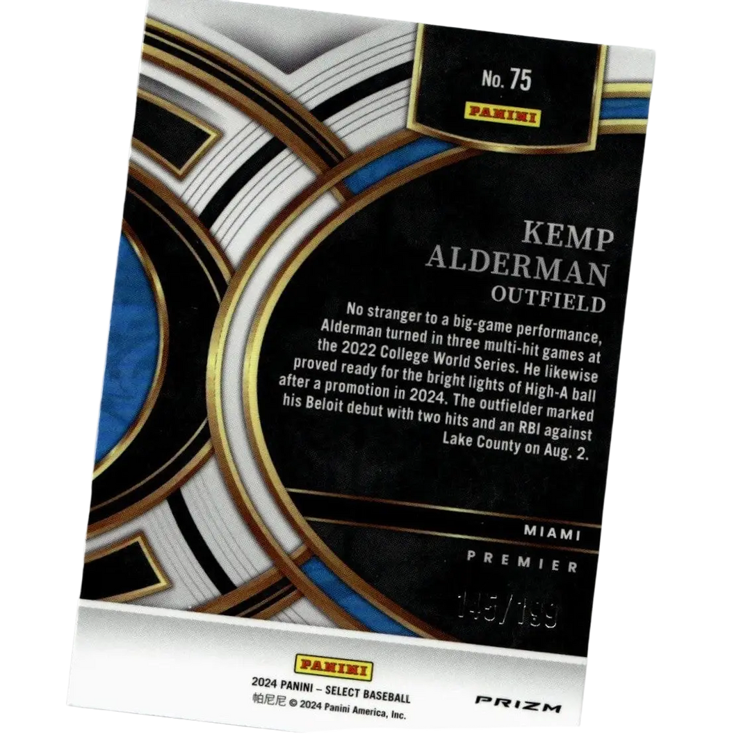 Black and gold panini select baseball trading card featuring kemp alderman blue prizms numbered 75 of 199