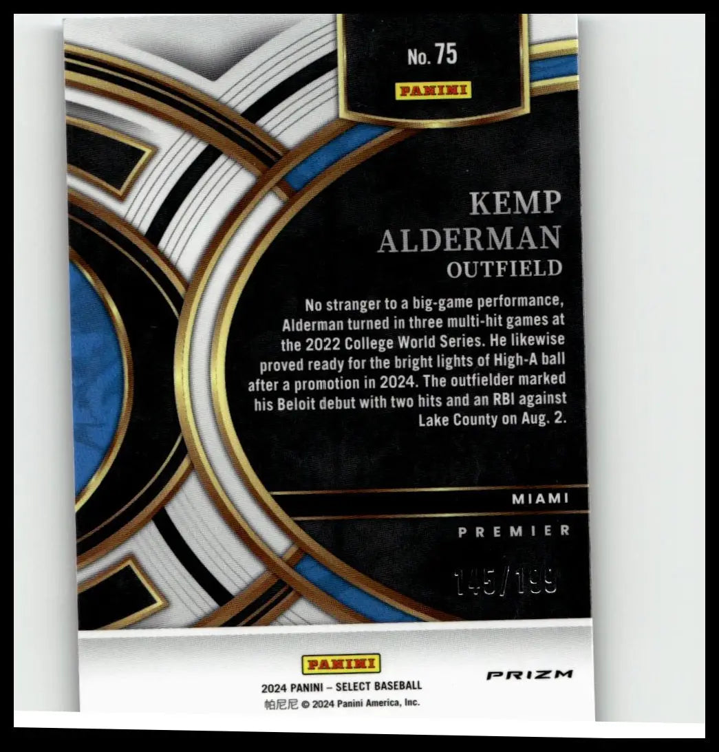 Black and gold panini premier baseball trading card featuring kemp alderman blue prizms numbered 75 of 145/198
