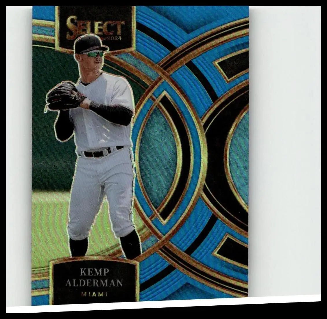 Blue and gold geometric patterned 2024 panini select baseball trading card featuring kemp alderman in white uniform