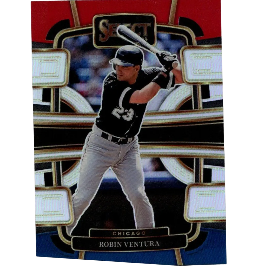 A glossy 2024 Panini Select baseball card of robin ventura red in blue prizms with him in a batting stance