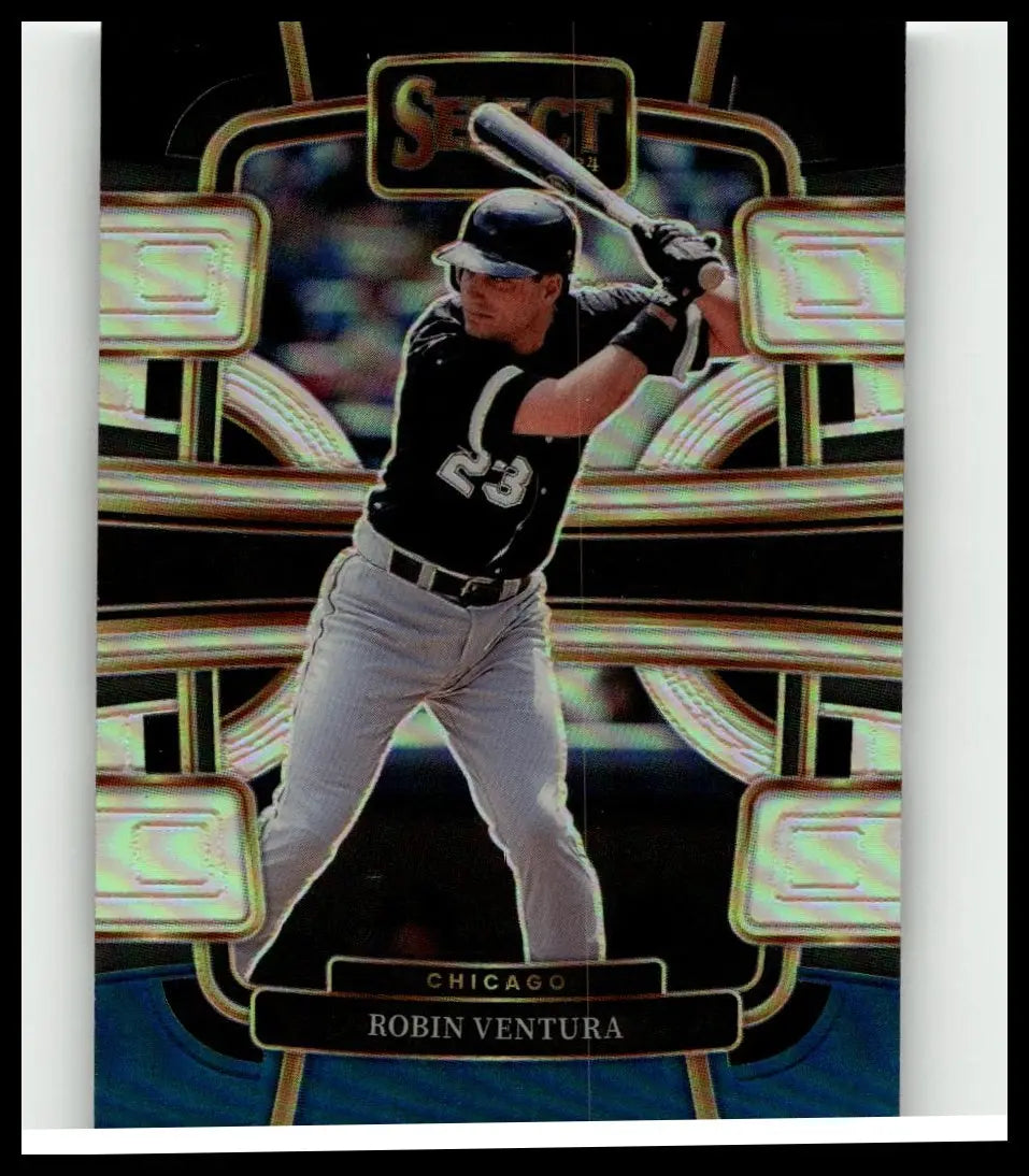 A glossy black and gold 2024 panini select robin ventura silver prizms baseball card mid-swing in chicago uniform