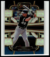 A glossy black and gold 2024 panini select robin ventura silver prizms baseball card mid-swing in chicago uniform