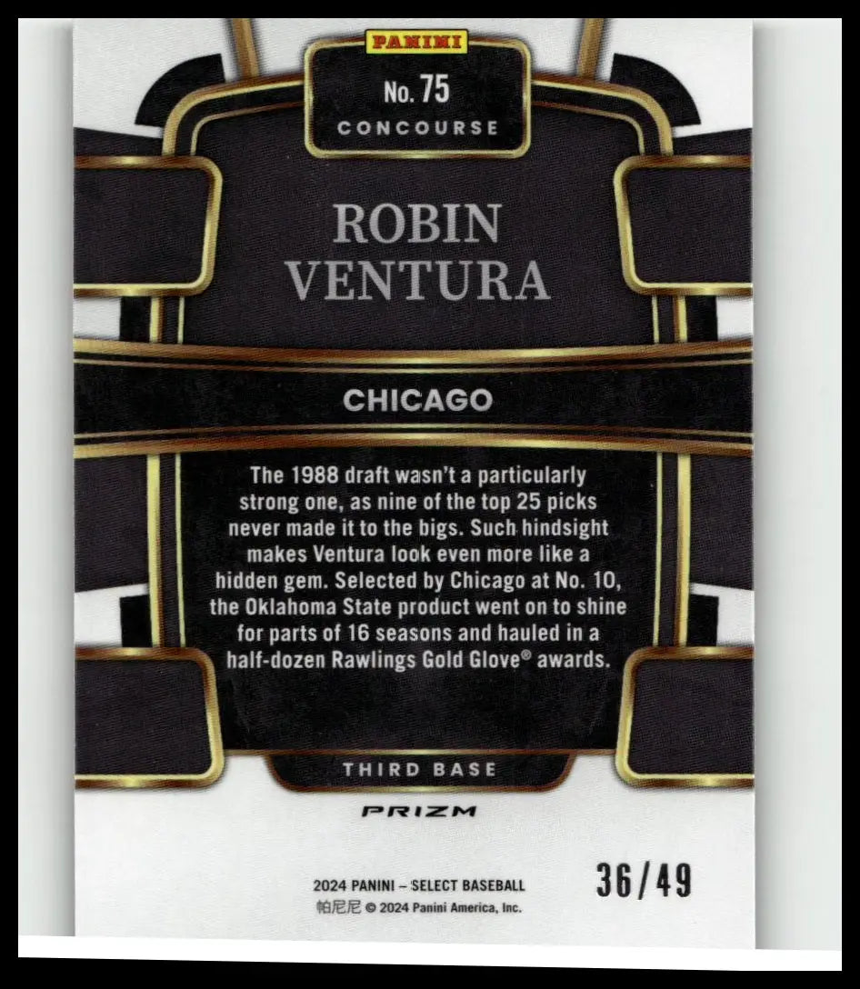 Black and gold panini concourse baseball card featuring robin ventura silver prizms numbered 36 of 49