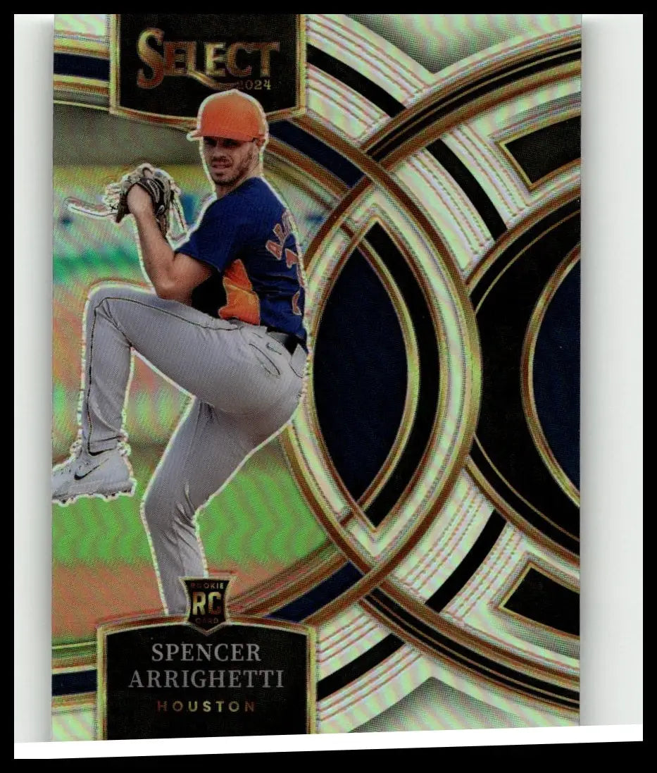2024 panini select baseball card featuring rookie pitcher spencer arrighetti in astros uniform silver prizms