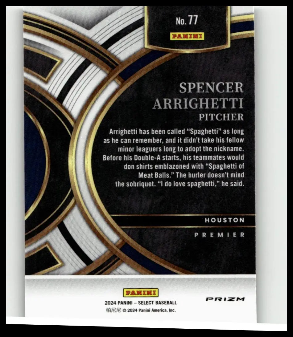 Black and gold 2024 panini select baseball card featuring spencer arrighetti silver prizms number 77 premier series