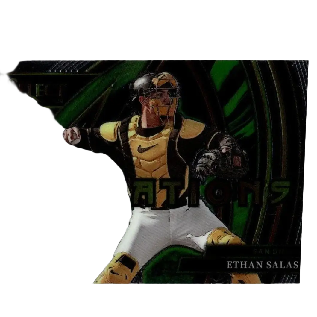 Ethan Salas baseball card from 2024 Panini Select #8 featuring a catcher in gold and black Nike gear on a green background