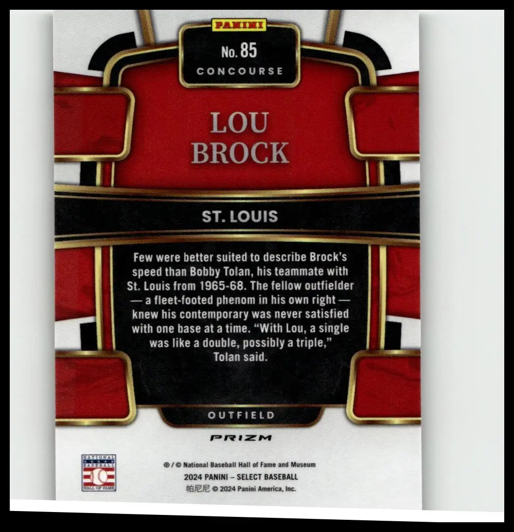 Red and black panini baseball card featuring lou brock silver prizms with gold trim from 2024 panini select series