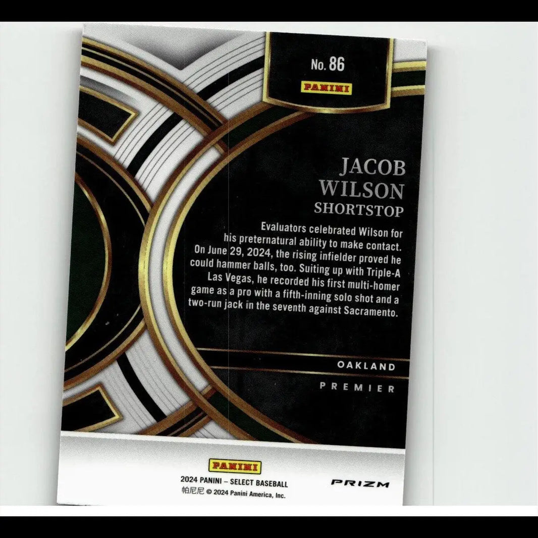 Black and gold panini select 2024 jacob wilson red shortstop baseball card with blue prizms finish