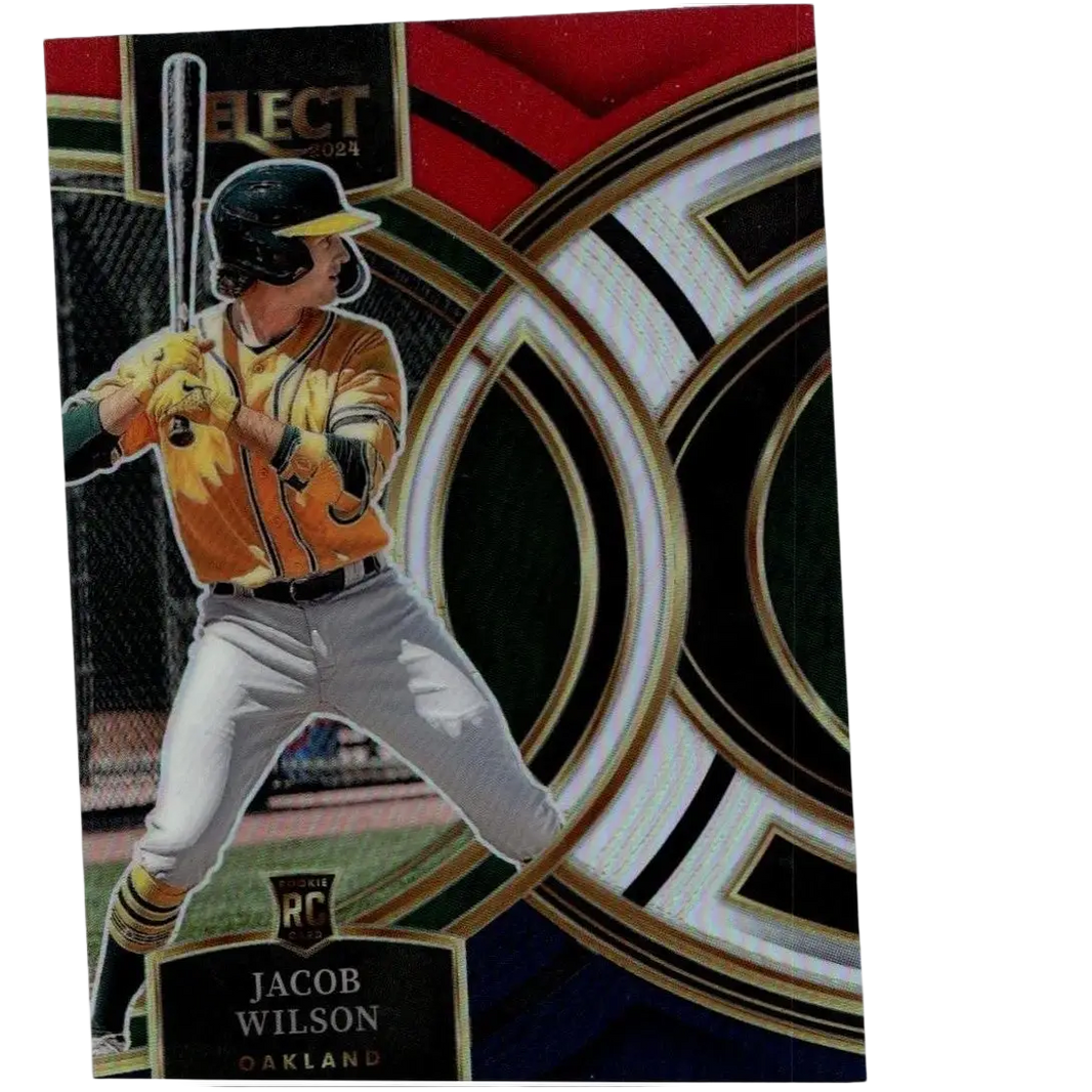 2024 panini select #86 jacob wilson red and blue prizms baseball card with orange black uniform and gold helmet
