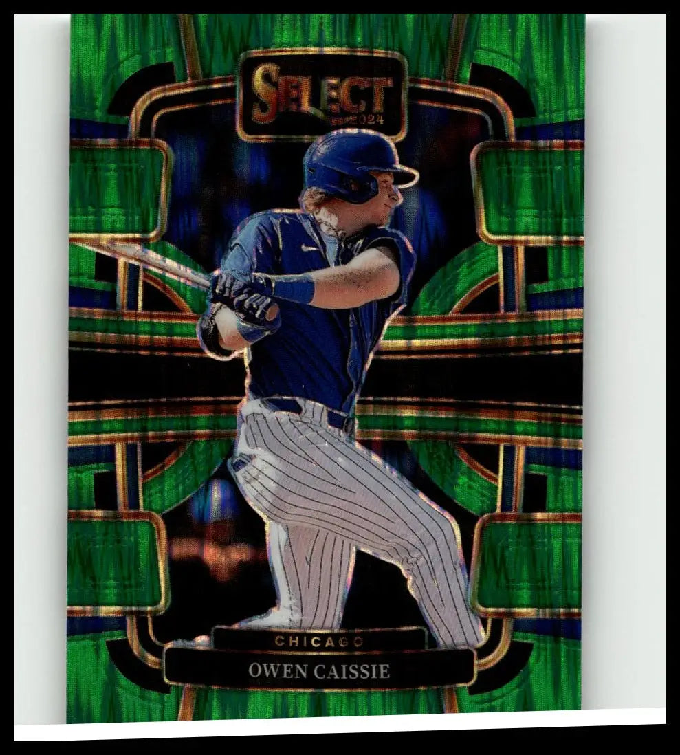 Blue and white pinstriped 2024 panini select #88 owen caissie green flash prizms baseball card with batting stance