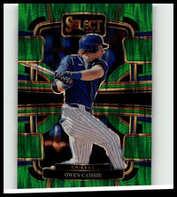 Blue and white pinstriped 2024 panini select #88 owen caissie green flash prizms baseball card with batting stance