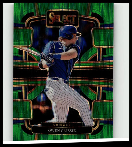Blue and white pinstriped 2024 panini select #88 owen caissie green flash prizms baseball card with batting stance