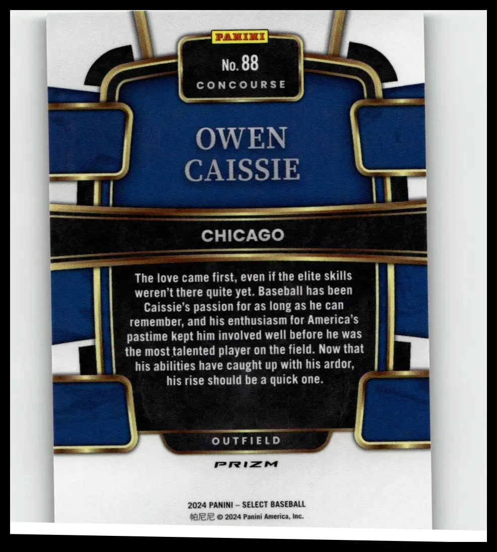 Blue and black 2024 Panini Select baseball card with gold trim featuring Owen Caissie Green Flash from Chicago