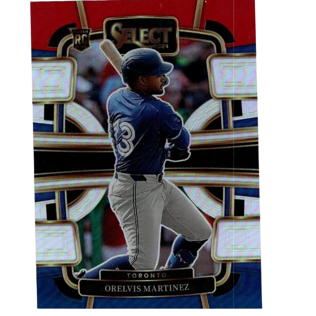 A 2024 panini select baseball card featuring orelvis martinez in blue jersey with red and blue prizms design