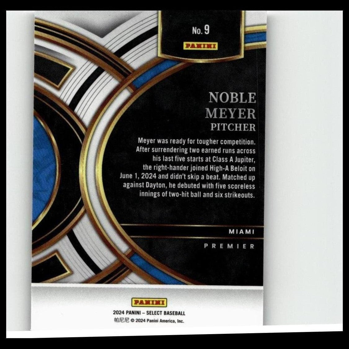 Black and gold baseball trading card featuring noble meyer, pitcher for miami, with a sleek geometric design.