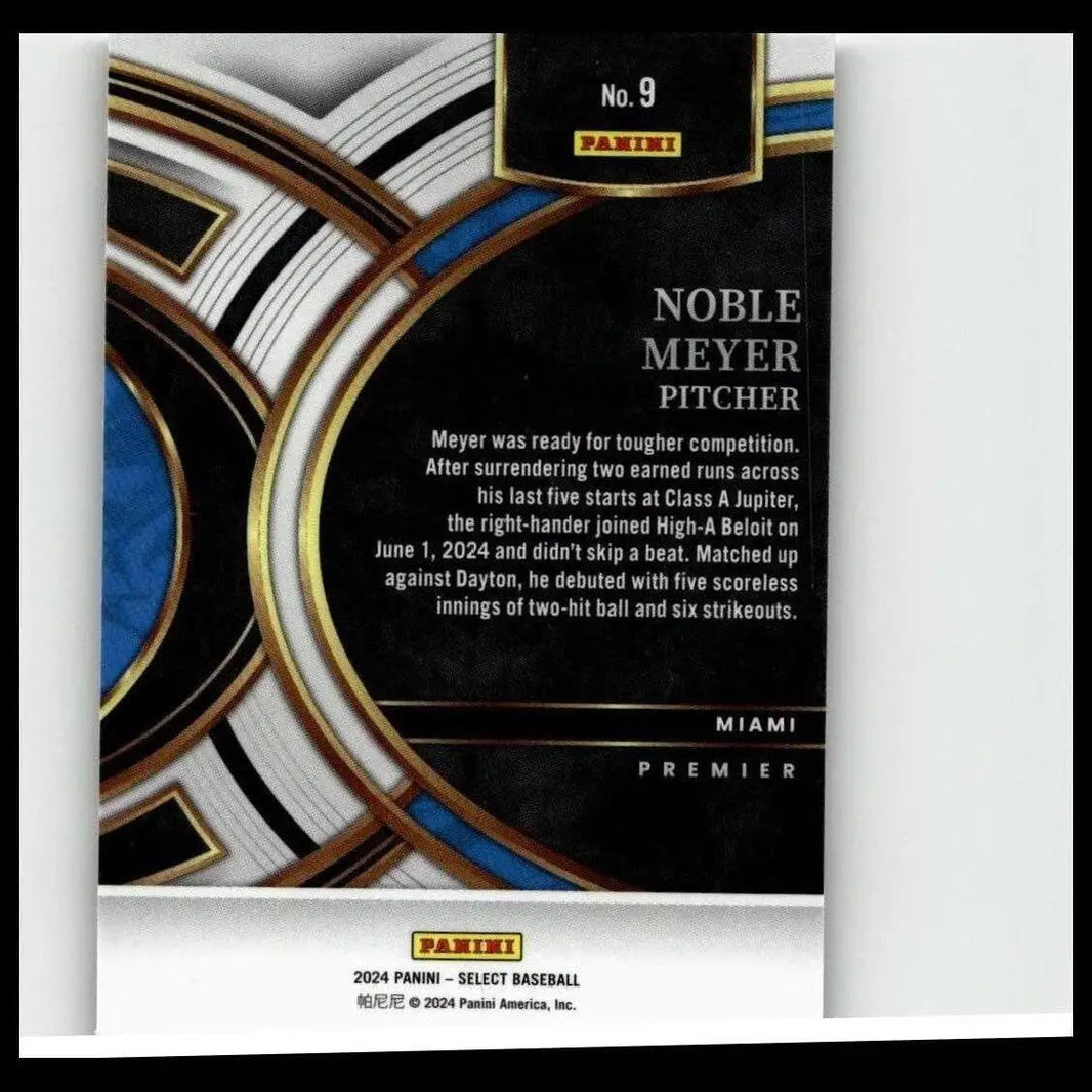 Black and gold baseball trading card featuring noble meyer, pitcher for miami, with a sleek geometric design.