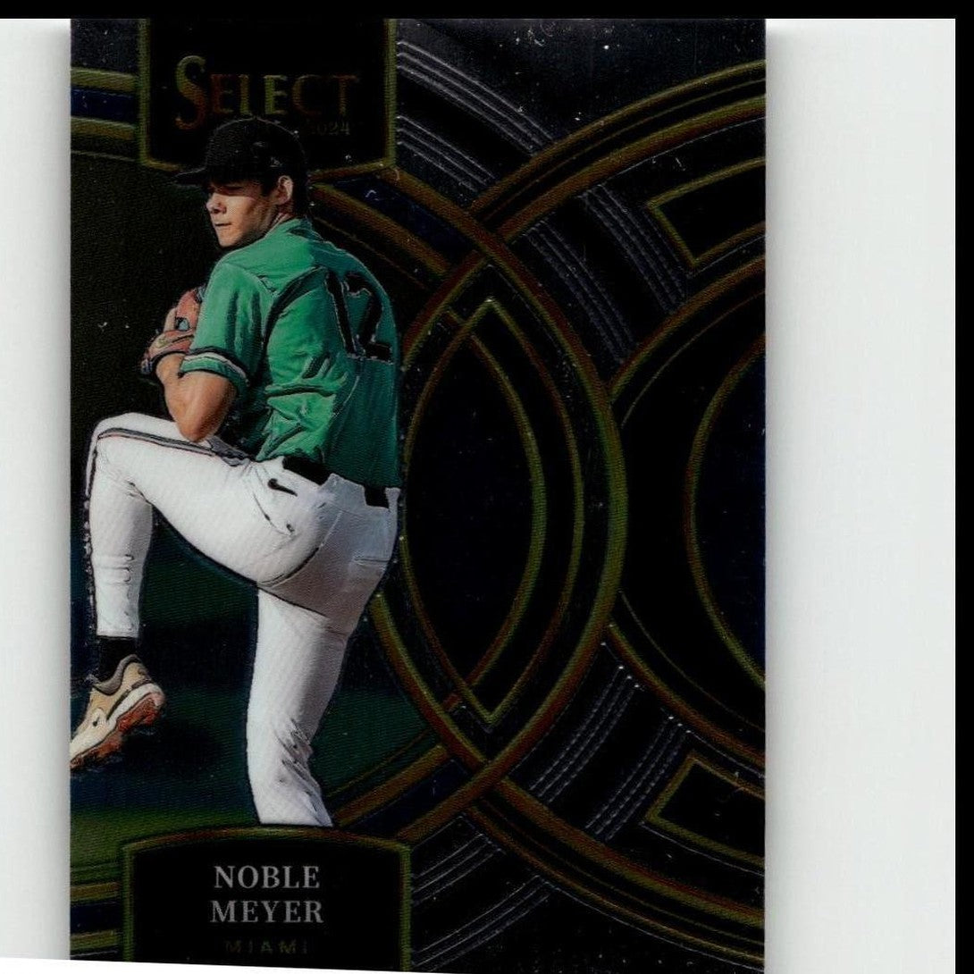A glossy black and gold baseball trading card featuring noble meyer in a green jersey and white pants, with the ’select’ brand logo at the top.