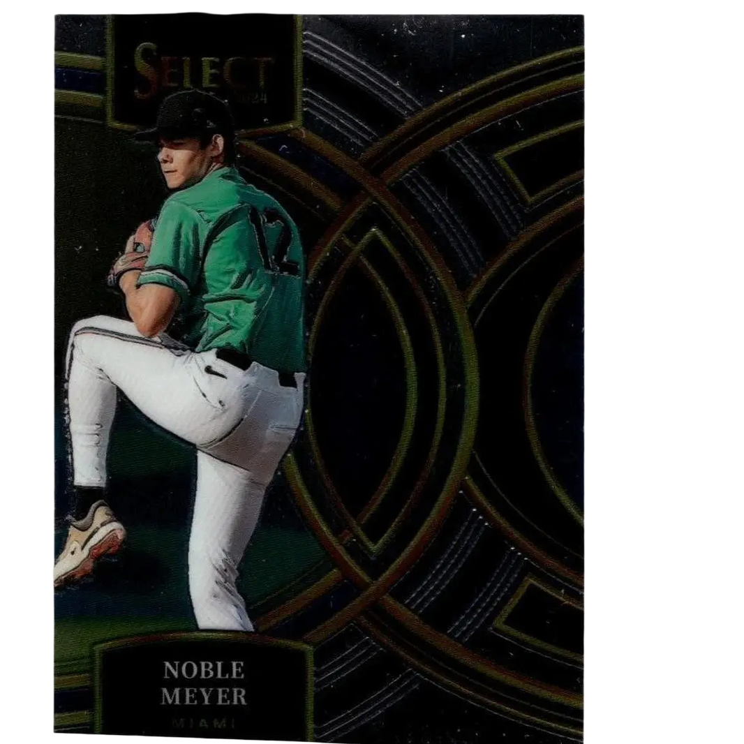 A glossy black and gold baseball trading card featuring noble meyer in a green jersey and white pants, with the ’select’ brand logo at the top.