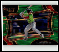 A 2024 panini select #90 baseball trading card featuring sammy stafura green flash prizms mid-swing with holographic background