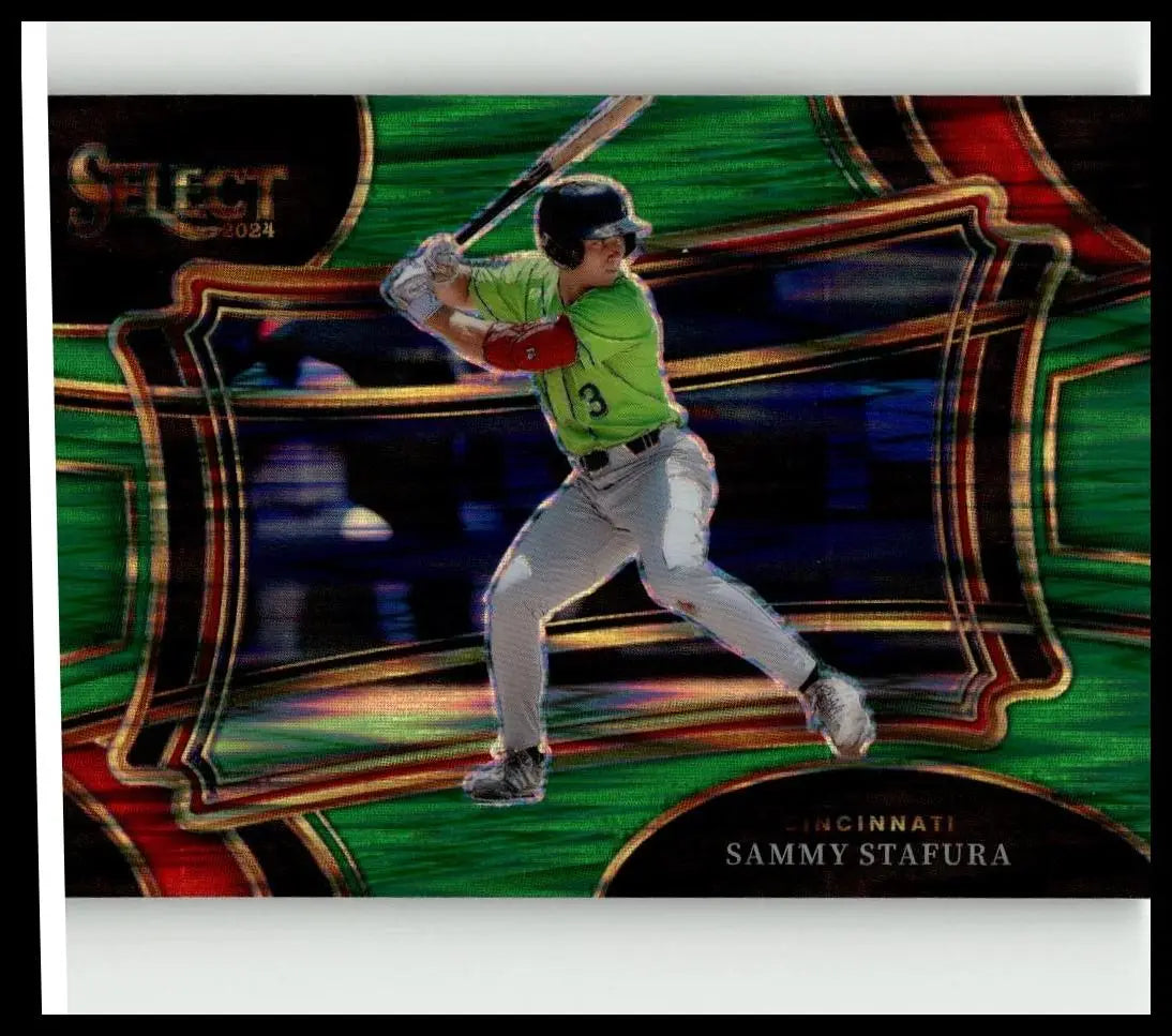 A 2024 panini select #90 baseball trading card featuring sammy stafura green flash prizms mid-swing with holographic background