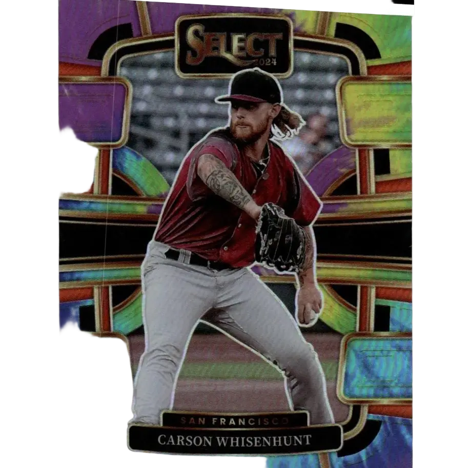 A vibrant iridescent 2024 panini select baseball trading card featuring carson whisenhunt in a red jersey