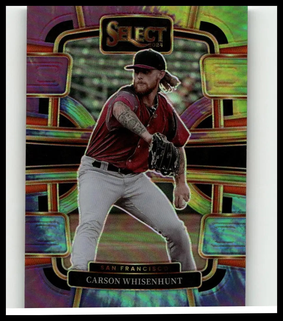 A vibrant iridescent 2024 Panini Select baseball trading card of Carson Whisenhunt in red jersey and black cap numbered 25