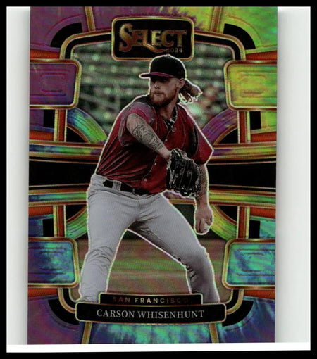 A vibrant iridescent 2024 Panini Select baseball trading card of Carson Whisenhunt in red jersey and black cap numbered 25