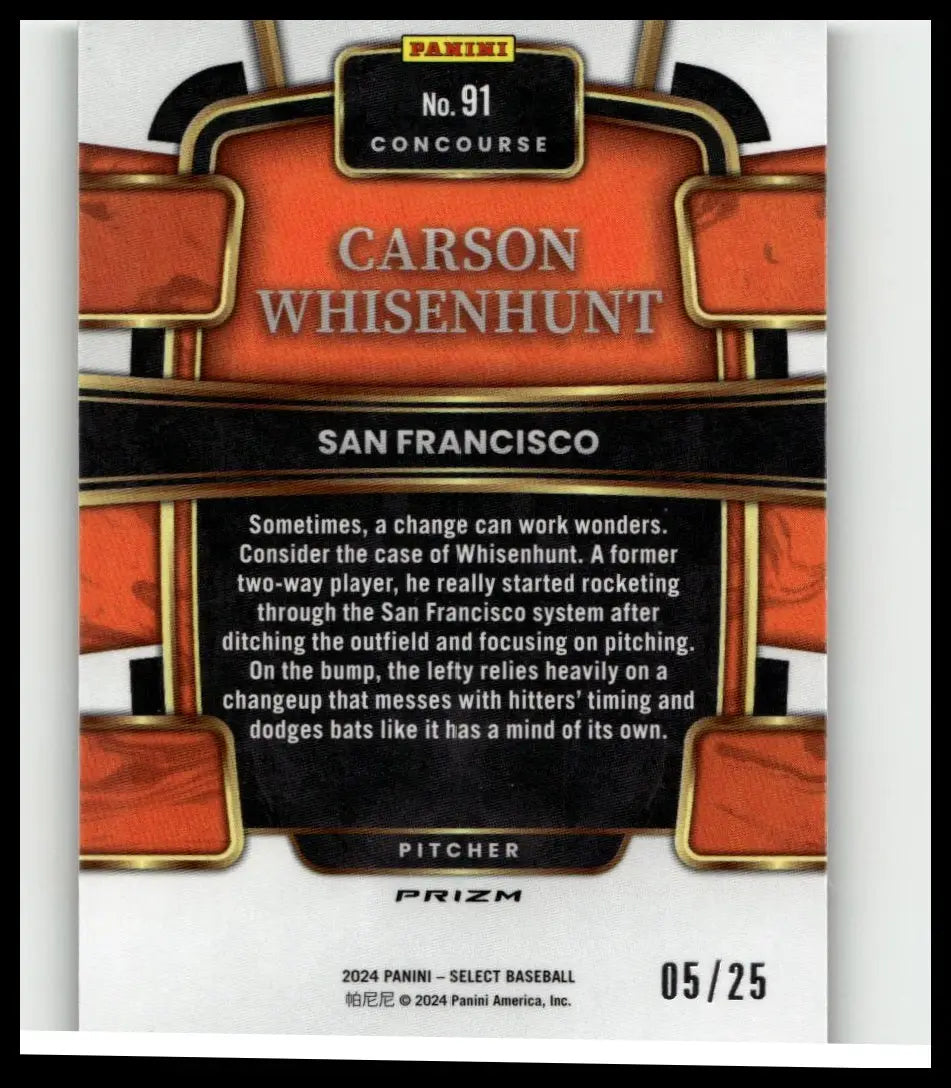 Orange and black panini select 2024 baseball trading card of carson whisenhunt featuring tie-dye prizms numbered 25