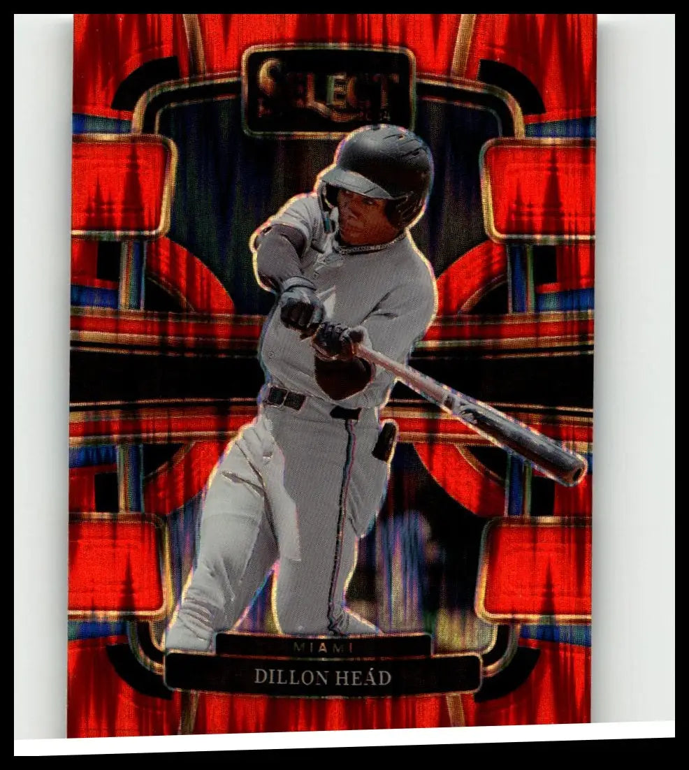 A glossy red and black 2024 panini select #93 dillon head orange flash prizms baseball card featuring dillon head