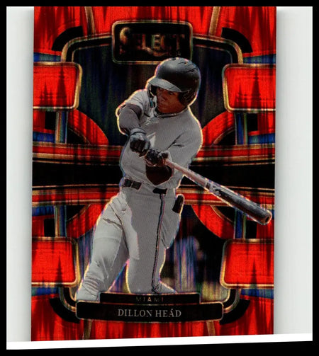 A glossy red and black 2024 panini select #93 dillon head orange flash prizms baseball card featuring dillon head