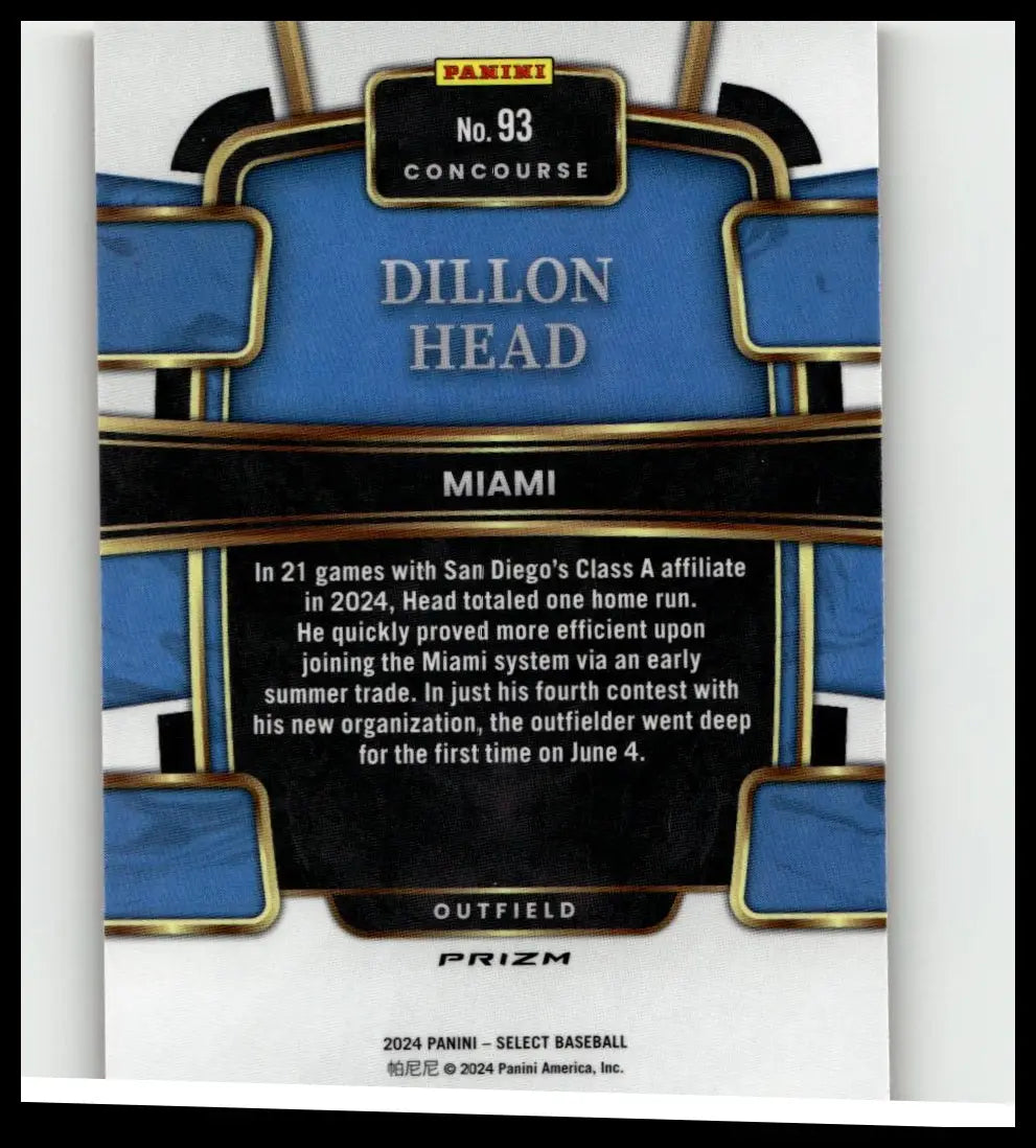 Blue and gold 2024 panini select #93 dillon head orange flash prizms baseball card featuring miami marlins outfielder