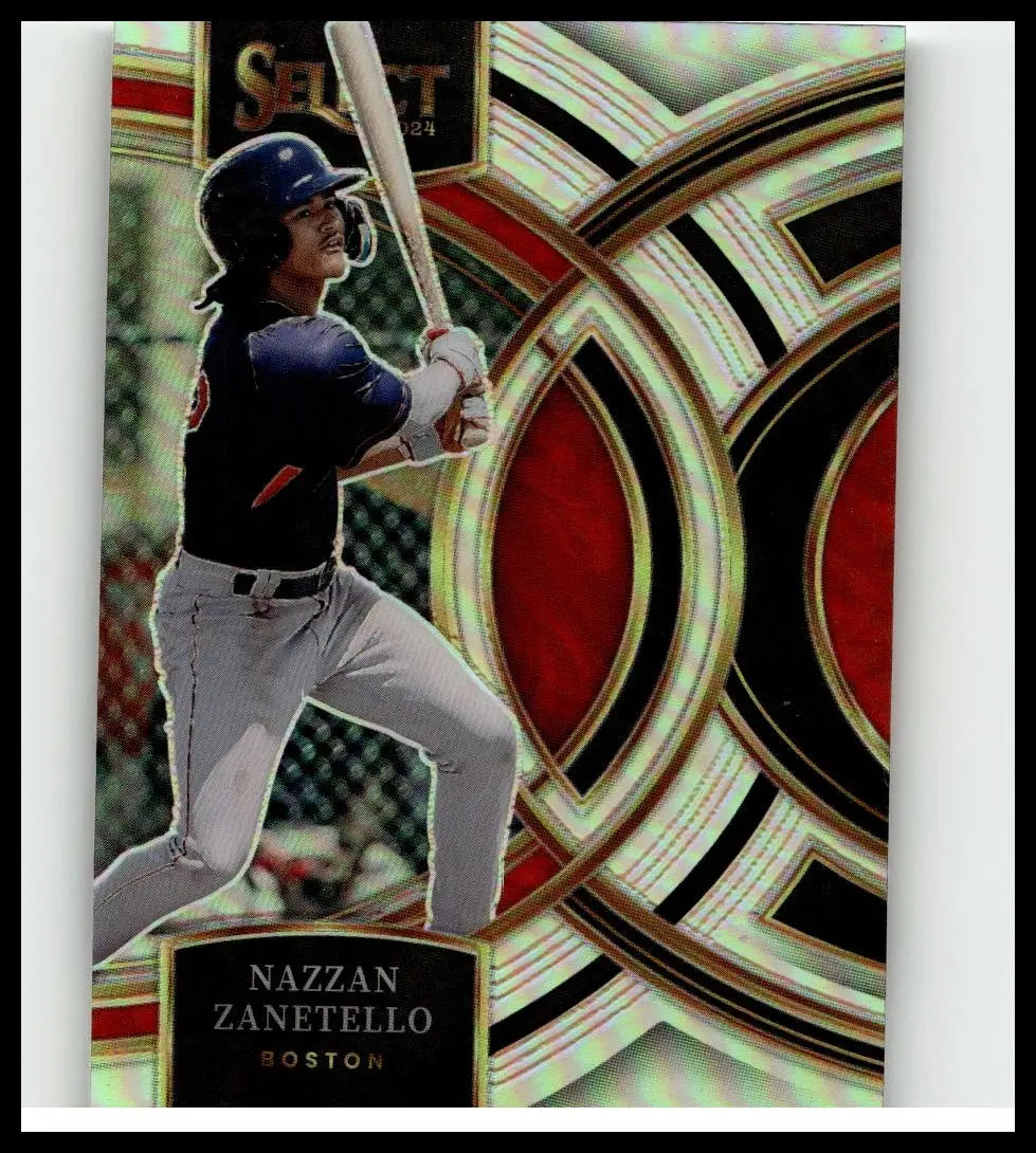 A glossy 2024 panini select #93 nazzan zanetello silver prizms baseball card featuring zanetello in a navy blue jersey
