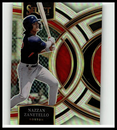 A glossy 2024 panini select #93 nazzan zanetello silver prizms baseball card featuring zanetello in a navy blue jersey