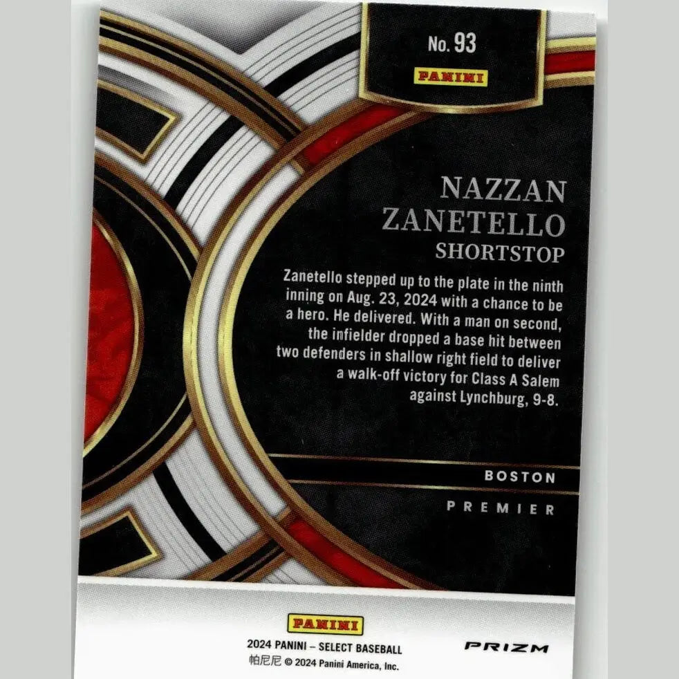 Black and red panini select 2024 baseball card featuring nazzan zanetello shortstop for boston in action pose