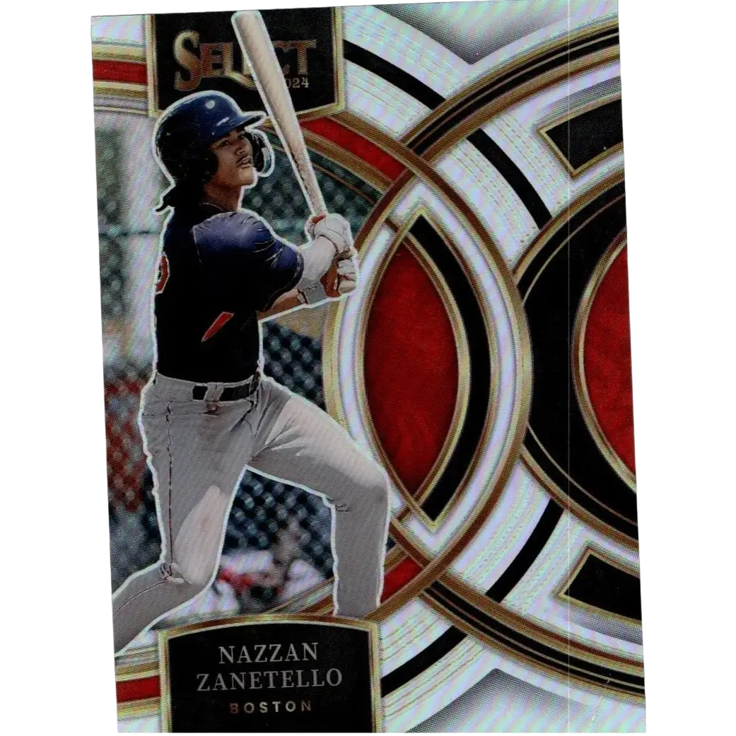 2024 panini select baseball trading card of nazzan zanetello in a black and red uniform holding a bat with geometric background