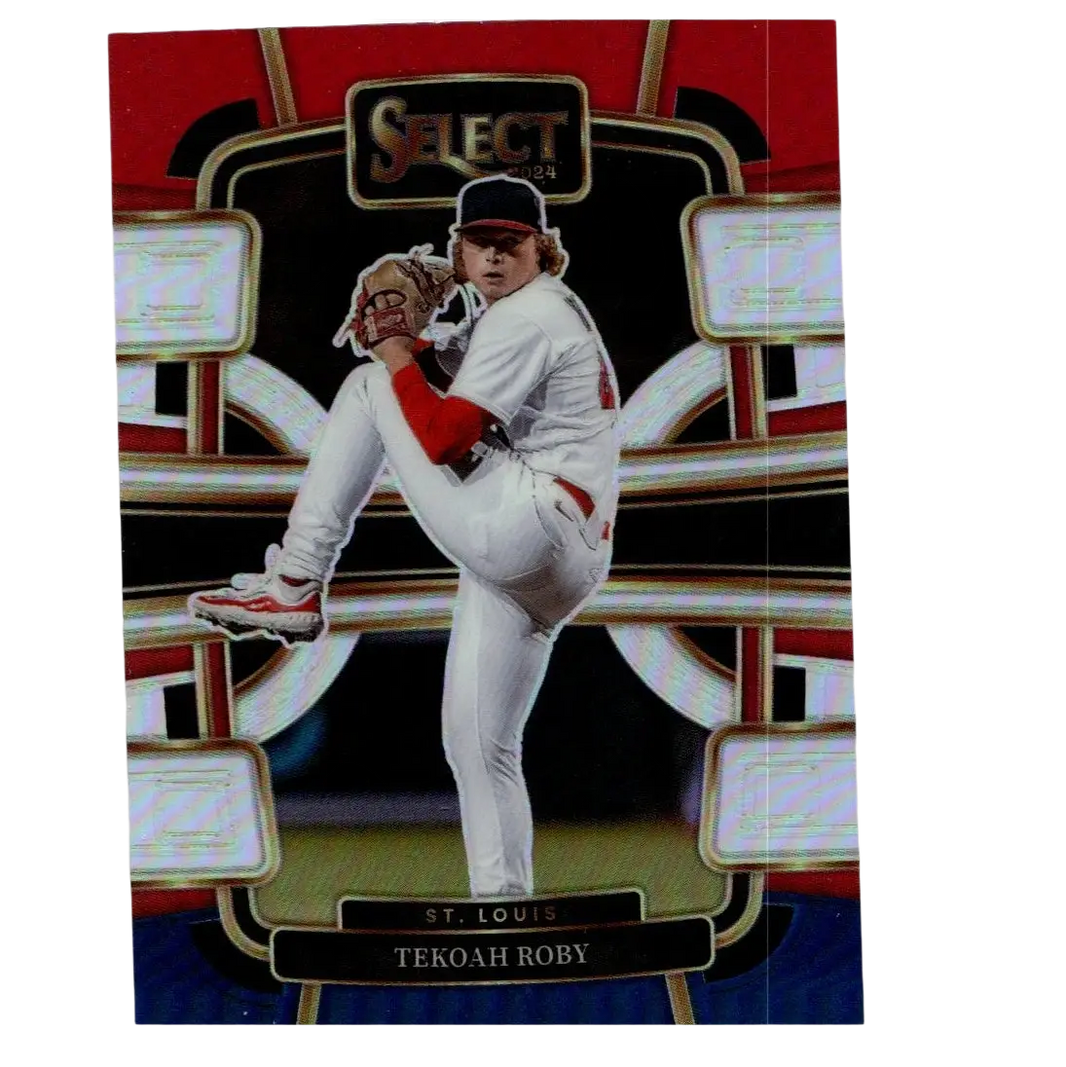 2024 panini select baseball card #94 featuring tekoah roby red in white uniform with blue prizms design background