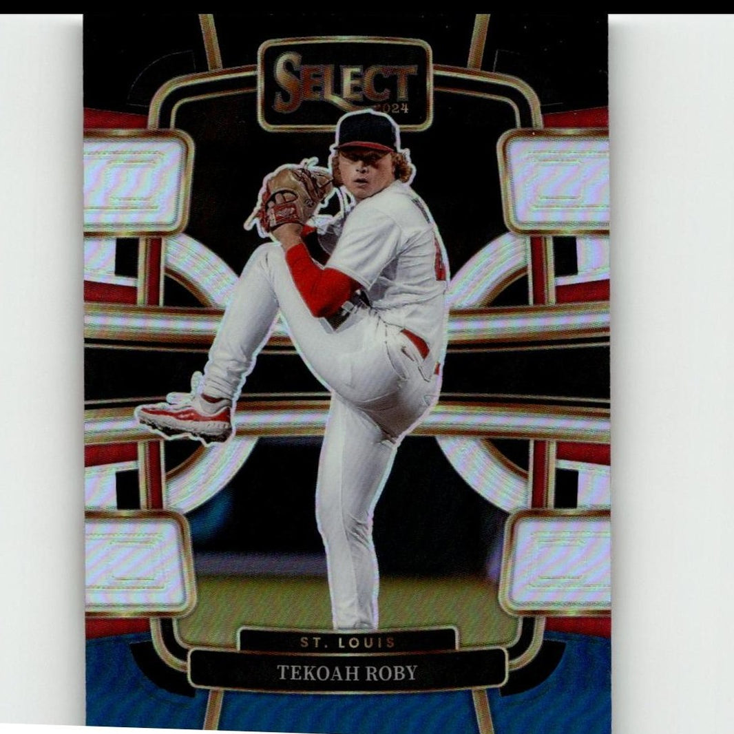 2024 select baseball trading card featuring pitcher tekoah roby in a white and red uniform with gold accents.