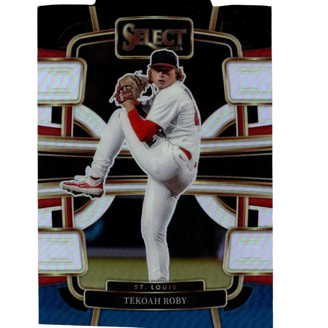 2024 select baseball trading card featuring pitcher tekoah roby in a white and red uniform with gold accents.