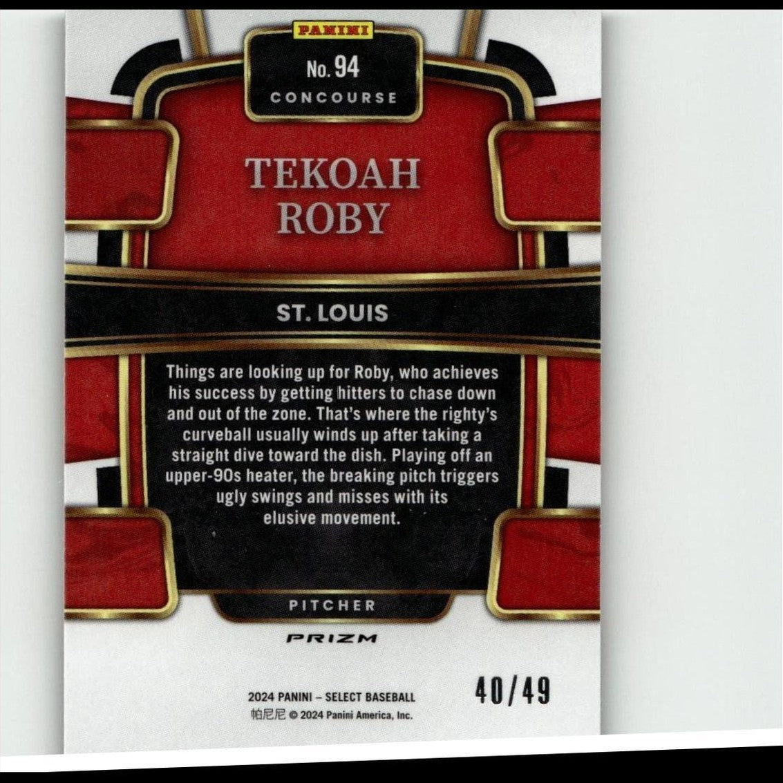 Red and black panini baseball trading card featuring pitcher tekoah roby with gold trim accents.