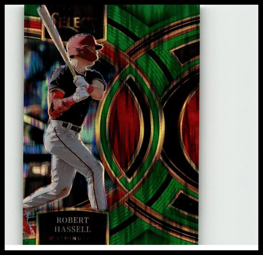 A vibrant green and red holographic robert hassell green flash baseball card from 2024 panini select #98 featuring hassell in batting stance