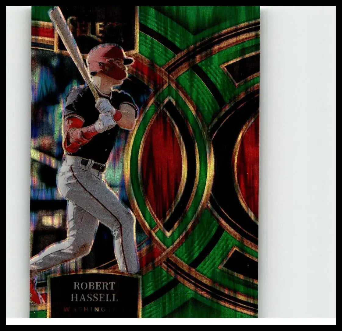 A vibrant green and red holographic robert hassell green flash baseball card from 2024 panini select #98 featuring hassell in batting stance
