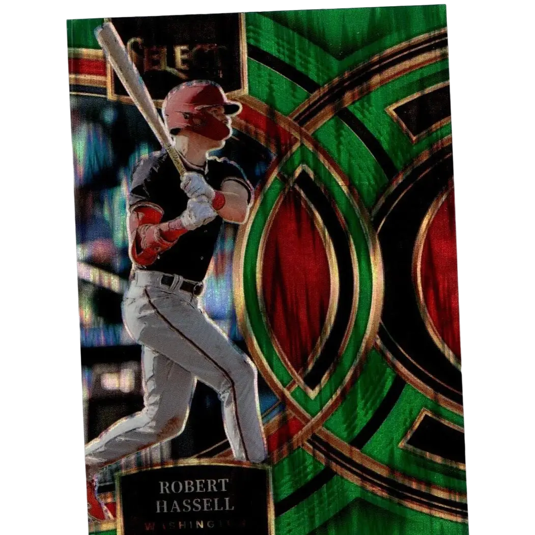 A vibrant 2024 Panini Select #98 robert hassell green flash prizms baseball card with red and green abstract design