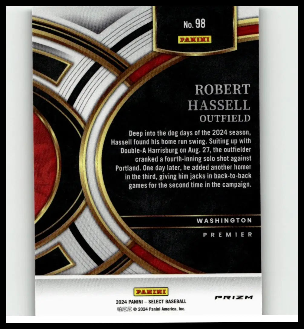 Black and red panini premier 2024 card featuring robert hassell green flash prizms outfielder for washington