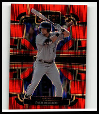 Red and black holographic 2024 panini select #98 zach deloach orange flash prizms baseball card with bat pose