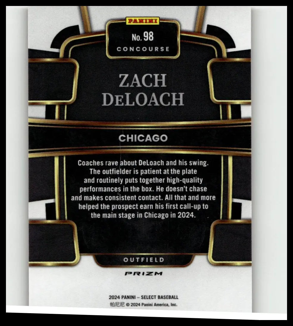 Black and gold panini concourse baseball card featuring zach deloach orange flash from 2024 panini select #98 series