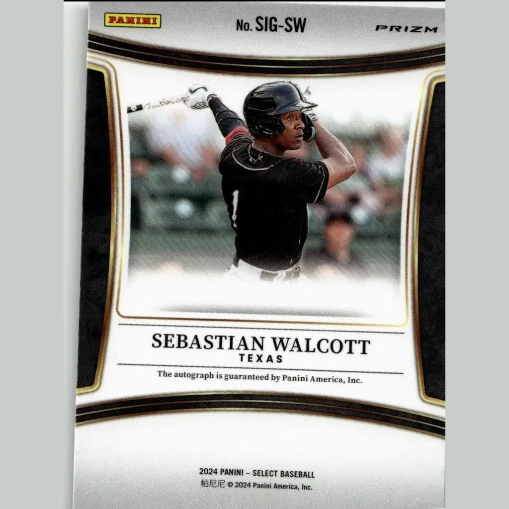 2024 panini select baseball card featuring sebastian walcott signatures silver prizm in mid-swing with gold design elements