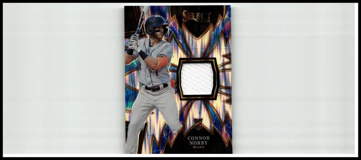 2024 panini select connor norby sparks relics baseball card with holographic design and embedded jersey swatch