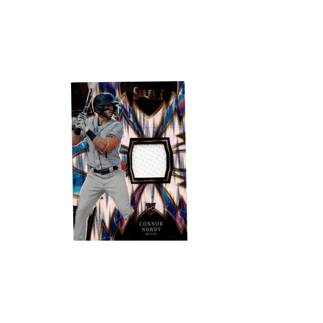 A vibrant iridescent 2024 Panini Select connor norby sparks baseball card with orange gloves and fabric relic
