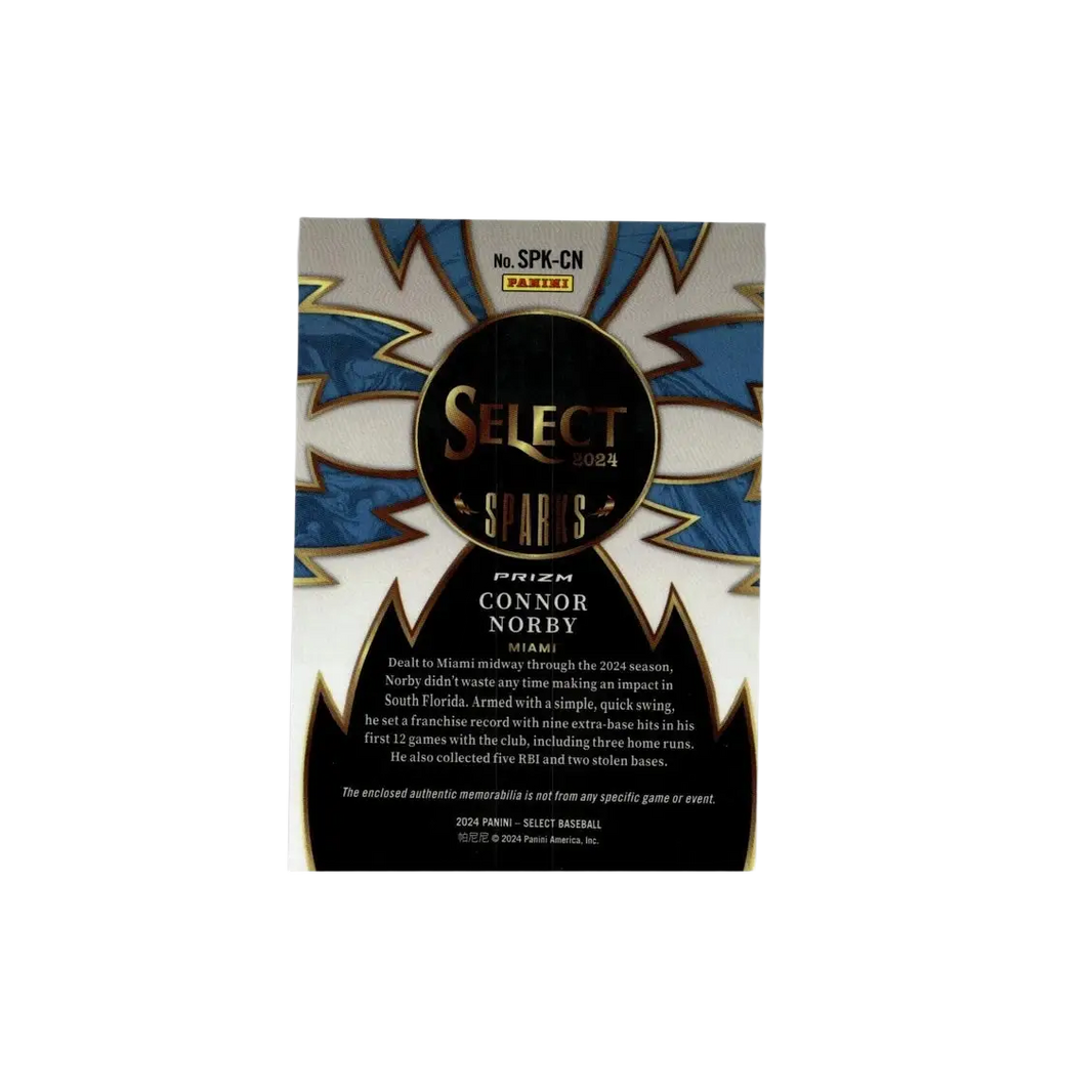2024 Panini Select Sparks relics baseball card featuring Connor Norby with prismatic gold accents on blue silver background